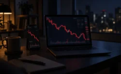 下落を示す株価チャートが映るスマートフォンとノートパソコン