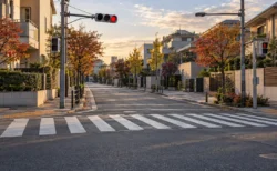 秋の午後、街路樹が色づく住宅街の静かな交差点と横断歩道