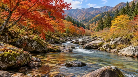 紅葉した木々のあいだを流れる、東北の山あいの澄んだ沢