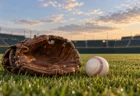 秋の夕方の外野の芝生に置かれた外野手用グラブと白球、奥にフェンス