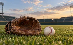 秋の夕方の外野の芝生に置かれた外野手用グラブと白球、奥にフェンス
