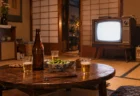 昭和の茶の間のちゃぶ台に置かれたビール瓶とブラウン管テレビ