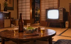 昭和の茶の間のちゃぶ台に置かれたビール瓶とブラウン管テレビ