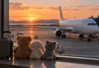 夕焼けの空港の窓辺に並ぶふわふわのぬいぐるみとスーツケース、奥に駐機する白い旅客機