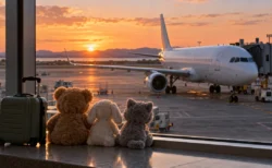 夕焼けの空港の窓辺に並ぶふわふわのぬいぐるみとスーツケース、奥に駐機する白い旅客機
