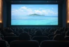 大きなスクリーンに南国の海と島が映る映画館の客席