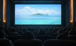 大きなスクリーンに南国の海と島が映る映画館の客席