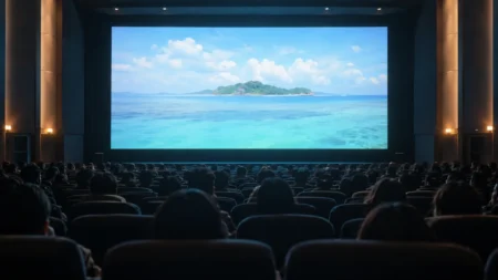 大きなスクリーンに南国の海と島が映る映画館の客席