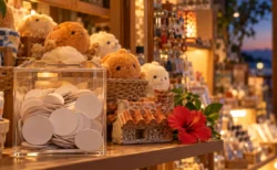 夕暮れの雑貨店の棚に並ぶふわふわのぬいぐるみと、くじ券の入った透明ケース、シーサーの置物と赤いハイビスカス