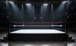 照明に照らされたプロレスのリングとロープ