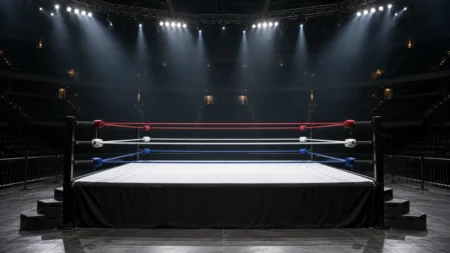 照明に照らされたプロレスのリングとロープ