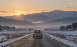 冬の朝、雪の残る田舎道を走る小さな車の後ろ姿