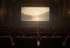 誰もいない古い映画館の客席と、柔らかな光を放つスクリーン