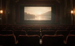 誰もいない古い映画館の客席と、柔らかな光を放つスクリーン