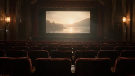 誰もいない古い映画館の客席と、柔らかな光を放つスクリーン