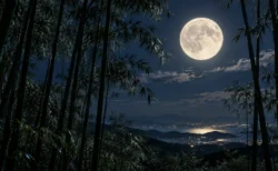 満月の夜空と竹林のシルエット
