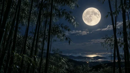 満月の夜空と竹林のシルエット