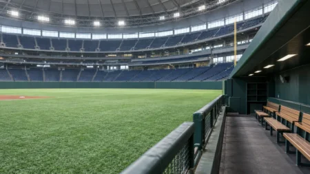 試合のない昼のドーム球場、誰もいないベンチと人工芝の外野