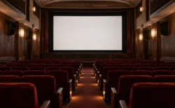 上映が終わった小さな映画館の客席と、明かりの落ちたスクリーン