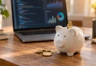 木目のデスクに置かれたノートパソコンと、コインが差し込まれかけた白い豚の貯金箱