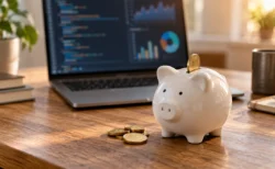 木目のデスクに置かれたノートパソコンと、コインが差し込まれかけた白い豚の貯金箱