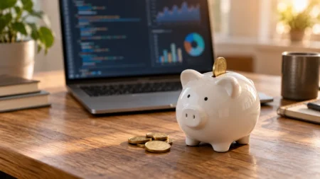 木目のデスクに置かれたノートパソコンと、コインが差し込まれかけた白い豚の貯金箱