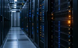 薄暗いデータセンターに並ぶサーバーラックと、青とオレンジに光る状態ランプ