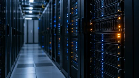 薄暗いデータセンターに並ぶサーバーラックと、青とオレンジに光る状態ランプ