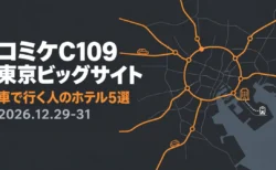 コミケC109 東京ビッグサイト 車で行く人のホテル5選 2026.12.29-31の文字と、ダークグレー地にオレンジの線で描いた道路図と車のアイコン