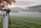 朝もやの競馬場の芝コースと、ラチ沿いに置かれた騎手用ヘルメットとムチ