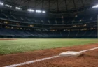 試合後の空になった球場のスタンドと照明に照らされた人工芝
