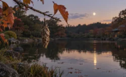 夕暮れの池のほとりで、秋の木の枝からミノムシがぶら下がり、水面に月が映る風景のイメージ