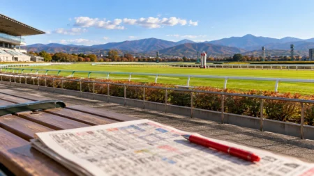 秋晴れの競馬場の芝コースとゴール板を望むベンチに、競馬新聞と赤ペンが置かれている