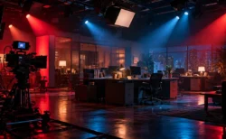 赤と青の照明が差し込む夜のテレビスタジオのオフィスセット