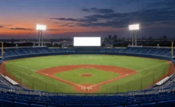 夕暮れの野球場で明るく光る外野の大型ビジョンと青い座席のスタンド