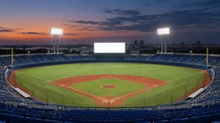 夕暮れの野球場で明るく光る外野の大型ビジョンと青い座席のスタンド
