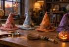 ハロウィンの飾り付けをした木の机の上に、赤・青・オレンジ・紫のとんがり帽子と虫眼鏡が並ぶ