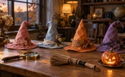 ハロウィンの飾り付けをした木の机の上に、赤・青・オレンジ・紫のとんがり帽子と虫眼鏡が並ぶ