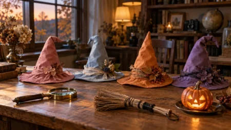 ハロウィンの飾り付けをした木の机の上に、赤・青・オレンジ・紫のとんがり帽子と虫眼鏡が並ぶ
