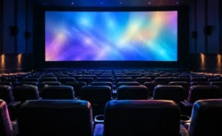 暗い映画館の無人の客席と、カラフルな光が映る大きなスクリーン