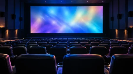 暗い映画館の無人の客席と、カラフルな光が映る大きなスクリーン
