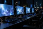 薄暗いゲーミングルームに並ぶ光るキーボードとモニター