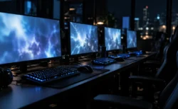 薄暗いゲーミングルームに並ぶ光るキーボードとモニター