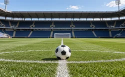 サッカー場のハーフウェーライン上に置かれたボール