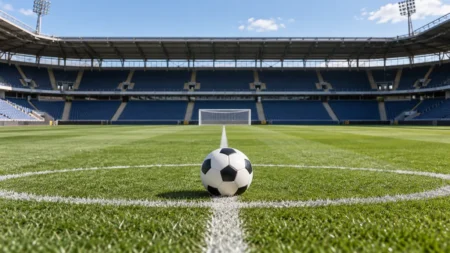 サッカー場のハーフウェーライン上に置かれたボール