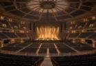 照明が落とされた開演前の大きなアリーナのステージと客席