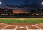 夕暮れのナイターの野球場で、照明に照らされた内野とホームベース、満員のスタンドが見える様子