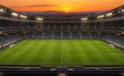 夕暮れの照明に照らされた無人のサッカースタジアム