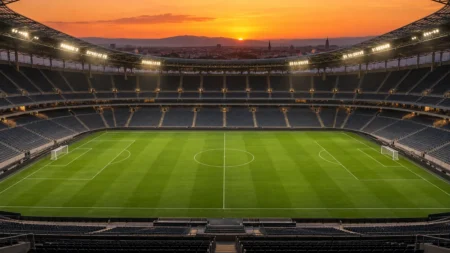 夕暮れの照明に照らされた無人のサッカースタジアム
