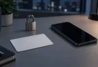 会員情報と安全なログインを表す、無地のカードとスマートフォン、閉じた南京錠のイメージ